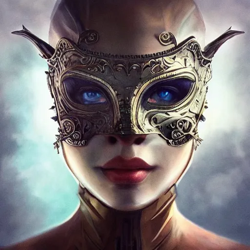 Image similar to Very very very very highly detailed epic photo of face with venetian mask, intricate, dystopian, sci-fi, extremely detailed, digital painting, artstation, concept art, smooth, sharp focus, illustration, intimidating lighting, incredible art by Artgerm