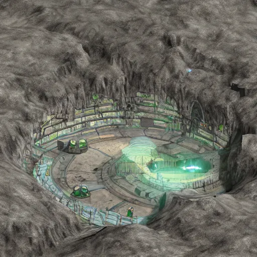 Prompt: large subterranean city with a big light source at the top of the cave, atmospheric