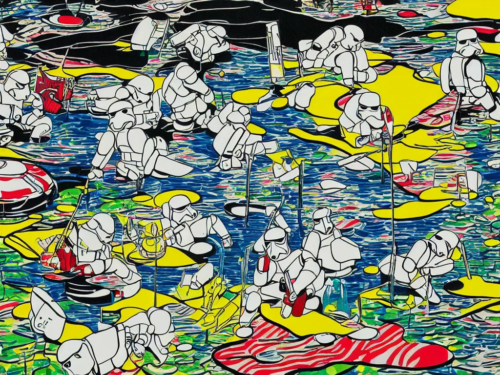 Image similar to close - up image of a japanese house with a pond, stormtroopers sitting around it, in style of pop - art, andy warhol, roy lichtenstein, jackie tsai, bright and saturated palette, acrylic on canvas