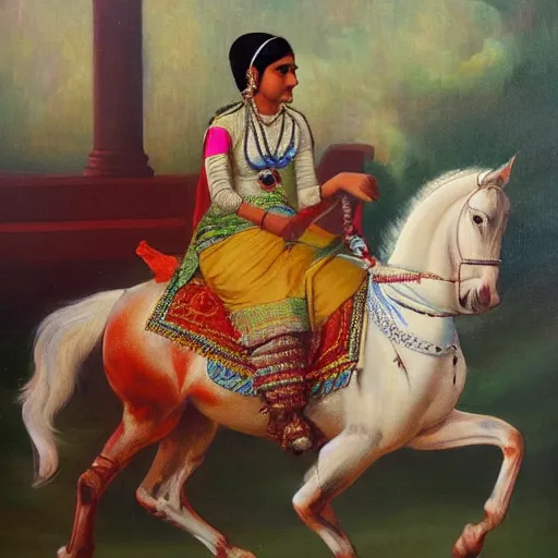 Prompt: a painting of a woman riding a white horse, an oil on canvas painting by raja ravi varma, featured on deviantart, qajar art, detailed painting, oil on canvas, acrylic art