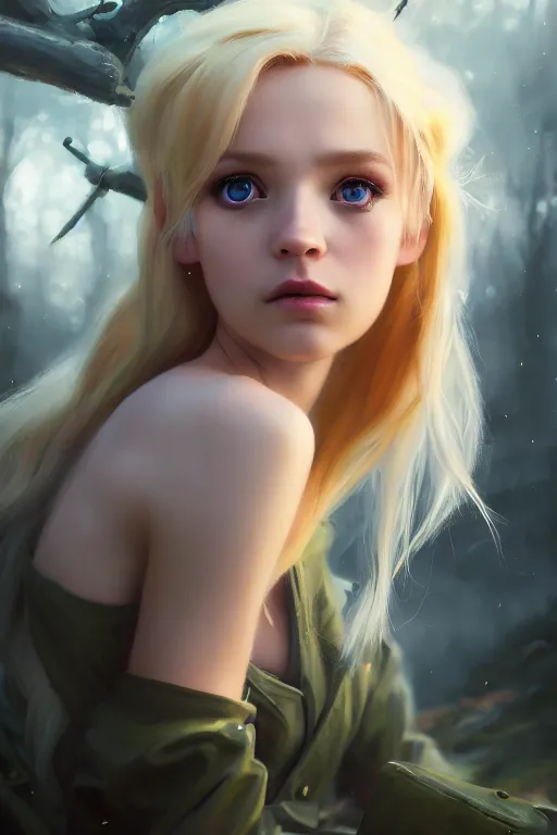 Image similar to cinematic shot of an epic portrait of a cute blonde fairy dressed in military clothes, stylised military clothes, shiny skin, beautiful eyes, beautiful, small details, night setting, realistic poster with volumetric light from craig mallism, artgerm, jeremy lipkin and michael garmash, unreal engine, radiant light, digital art, trends at art station, a masterpiece