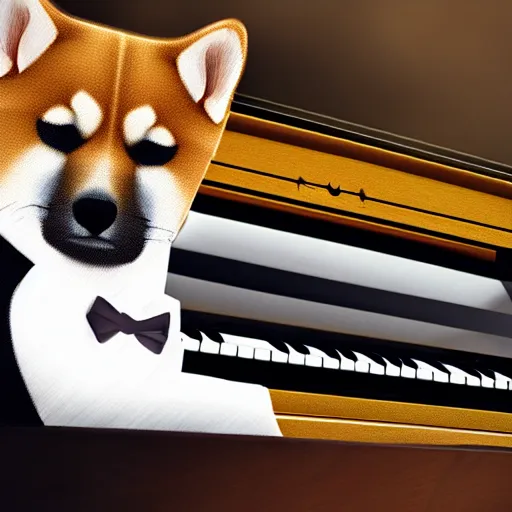 Image similar to shiba inu in a tuxedo playing a grand piano, digital art, 8 k, high detailed