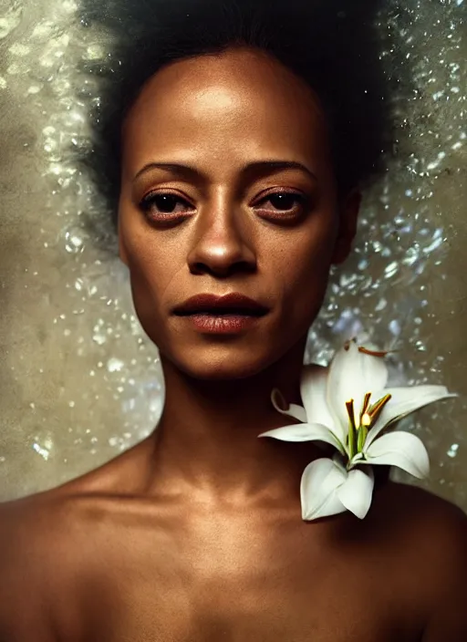 Image similar to Kodak Portra 400, 8K, soft light, volumetric lighting, highly detailed, britt marling style 3/4 by Martin Stranka , extreme Close-up portrait photography of ZoeSaldana as beautiful black skinned mermaid la sirene Haitian god, white lilies, shells, bubbles, how pre-Raphaelites,inspired by Ophelia by Martin Stranka, the face emerges from water of Pamukkale, underwater face, hair are intricate with highly detailed realistic beautiful brunches and flowers like crown, Realistic, Refined, Highly Detailed, soft blur background, outdoor soft pastel lighting colors scheme, outdoor fine art photography, Hyper realistic, photo realistic