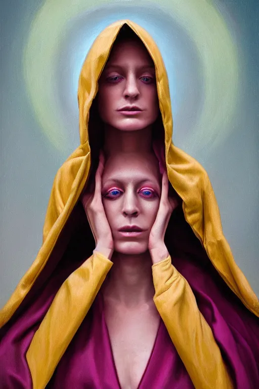 Image similar to transcendental meditation hooded robed cult woman, opening third eye, chakra energy waves resonating from her body, ethereal aura, epic surrealism 8k oil painting, portrait, perspective, high definition, post modernist layering, by Peter Kemp