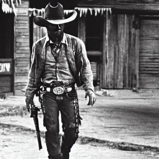 Prompt: velociraptor with a cowboy outfit in a wild west town, still from a movie, 3 5 mm film, grainy, evocative, atmospheric lighting, intricate, highly detailed, sharp focus, cinematic, masterpiece, taken by sergio leone and john ford