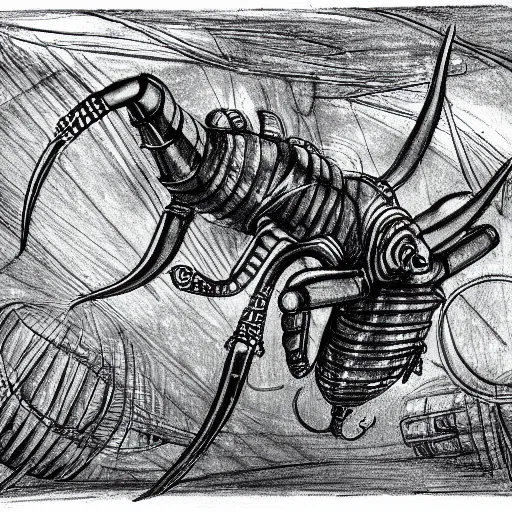 Prompt: drawing of a cyberpunk insectoid underwater alien and its minions, retro technology, leonardo da vinci style