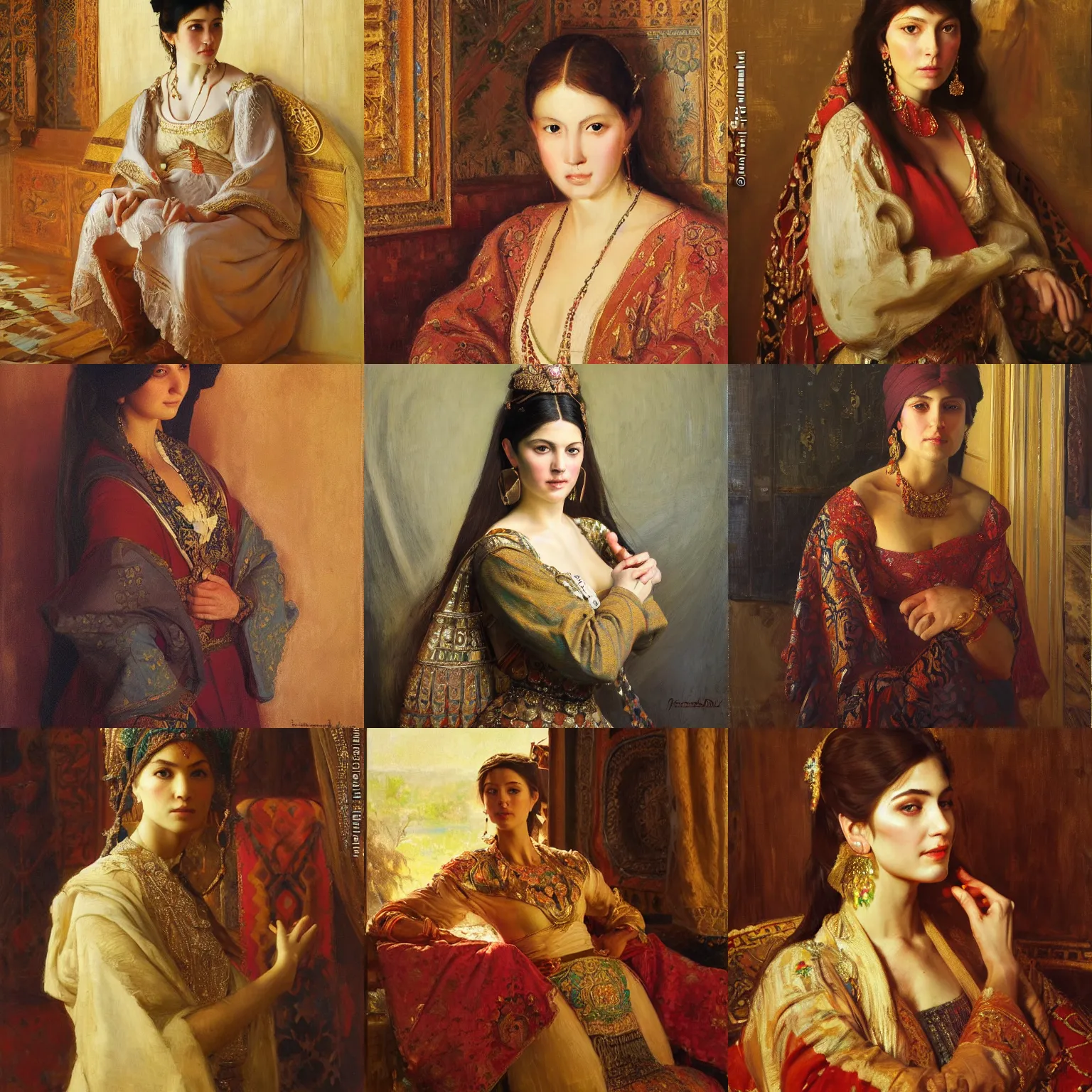 Prompt: orientalist portrait the princess by Nasreddine Dinet and Theodore Ralli and Jean Discart and Anders Zorn, masterful intricate artwork. Oil on canvas, excellent lighting, high detail 8k