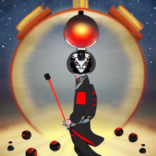 Image similar to Hovering samurai holding a bowling ball in space, bowling pins hovering around him, digital art