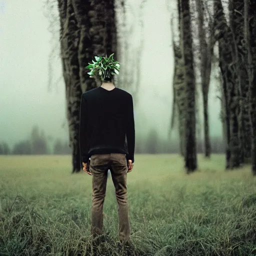 Image similar to kodak portra 1 6 0 photograph of a skinny guy standing in field of dead trees, flower crown, back view, moody lighting, moody vibe, telephoto, 9 0 s vibe, blurry background, tranquil, calm, faded!,