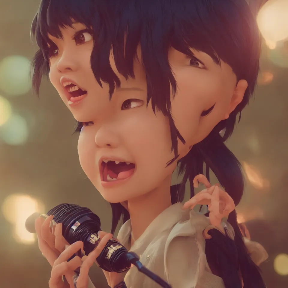 Image similar to a cute Asian girl singing, short stylish hair in the style of DreamWorks animation, mid-shot, low angle view, 16mm lens, award winning, hyper detailed, studio lighting, artstation, octane renderer, unreal engine