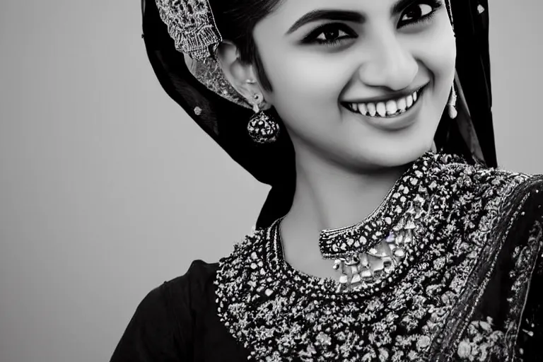 Image similar to still photo of a beautiful pakistani woman smiling at the camera on the street, black and white color aesthetic, highly detailed, photorealistic portrait, bright studio setting, studio lighting, crisp quality and light reflections, unreal engine 5 quality render