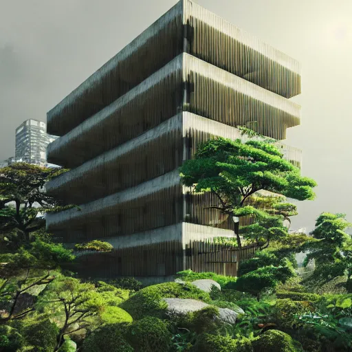 Prompt: brutalist architecture surrounded by nature, vegetation integrated into buildings, japan, octane render, high detail, 4 k