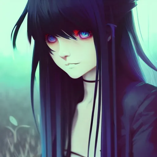 Image similar to two amber colored eyes, long blue - haired girl, bangs, gothic, anime character, noir, screenshot, anime, sharp focus, intricate, illustration, cell shaded, digital painting, highly detailed, concept art, matte, art by ilya kuvshinov, wlop, greg rutkowski, studio quality, james jean, artem demura