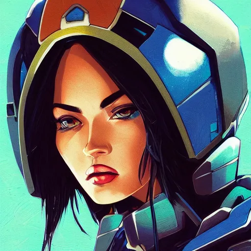 Image similar to a portrait of a stunning beautiful elite megan fox gundam pilot, with an intricate, detailed, urban inspired hiphop afro futuristic helmet, vector behance hd jesper ejsing, rhads, makoto shinkai, lois van baarle, ilya kuvshinov, rossdraws, hd, 3 2 k, ilya kuvshinov, gustav klimt