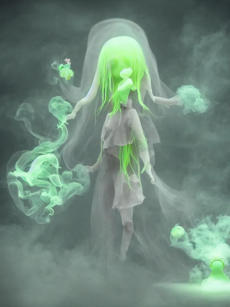 Image similar to cute fumo plush smiling ectoplasmic gothic macabre green jellyfish ghost girl, glowing milky wisps of hazy smoke and volumetric fog, lens flare, vignette, bokeh, refraction, vray