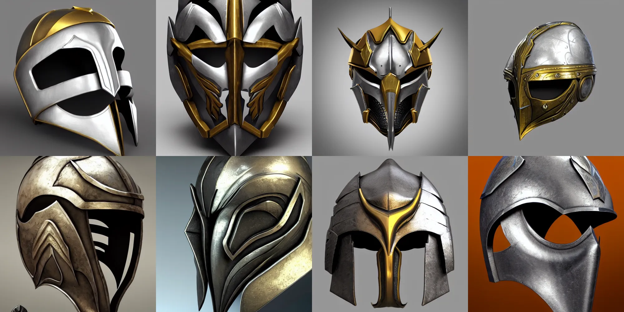 Prompt: stylized fantasy helm, silver with gold accents, sleek, smooth, trending on artstation