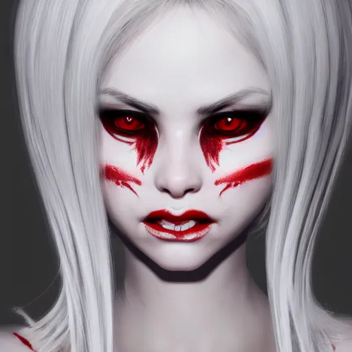 Image similar to a highly detailed portrait of a humanoid demon girl with white hair, red horns, in white clothes, red eyes, artstation, deviantart, professional, unreal engine 5, photorealistic