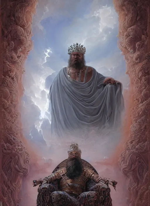 Image similar to wisened philosopher king (an absolute monarch of his ancient european kingdom) resides on his throne, his gaze transfixed on the horizon of infinity, his mind contemplating eternity, highly detailed DnD portrait by Raffaello Ossola and Ross Tran and Greg Rutkowski and Zdzisław Beksiński, stunning detail, 8k, 4k