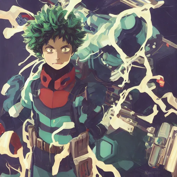 Prompt: anime portrait deku my hero academia futuristic science fiction, mucha, hard shadows and strong rim light, art by jc leyendecker and atey ghailan and sachin teng