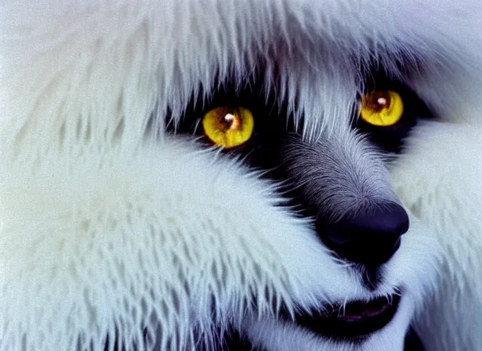 Image similar to realistic photo of a face of very beautiful girl white fluffy hairy fur face, symmetrical, skin is made of white fluffy hairs, eyes made of snowflakes, close up 1 9 9 0, life magazine reportage photo, natural colors