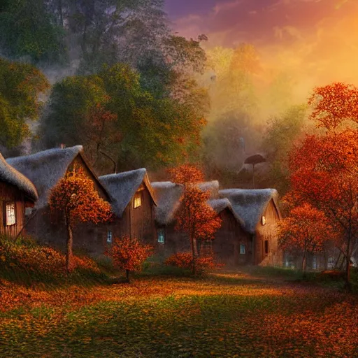 Image similar to a village full of tree houses nestled in a forest, chimneys with puffs of smoke, thatched roofs, golden hour, autumn leaves, ethereal, realistic high quality art digital art