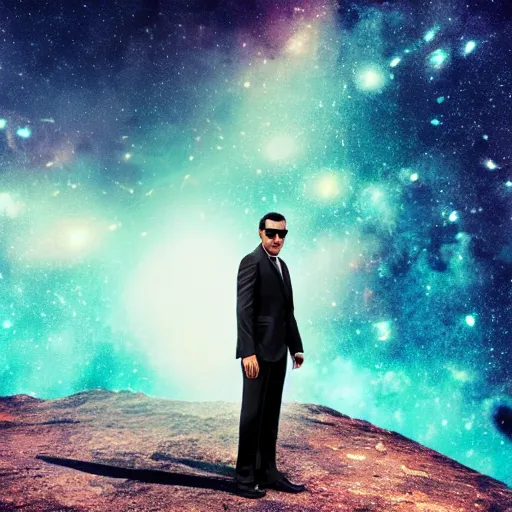 Prompt: men in black standing at the edge of the galaxy, cinematic, photoshopped, high details