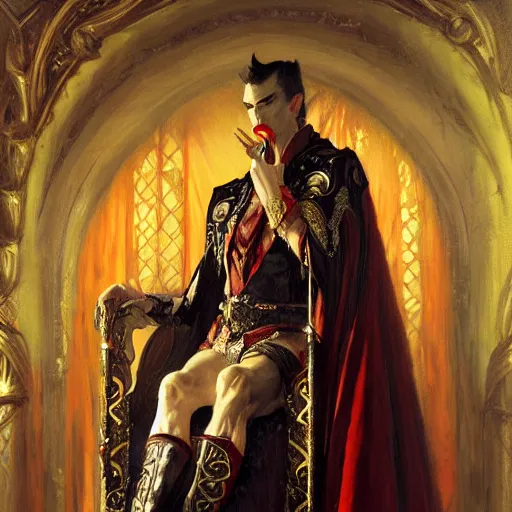 Image similar to perfectly centered portrait of attractive vampire king in a robe sitting on a throne of bones, highly detailed painting by gaston bussiere, craig mullins, j. c. leyendecker, 8 k