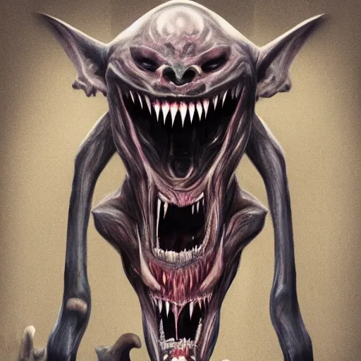 Prompt: creature in the darkness, claws, large long pointy teeth, drooling, cavern, low lighting, highly intricate, detailed