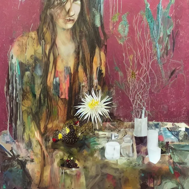 Image similar to “ a portrait in a female art student ’ s apartment, sensual, australian wildflowers, flax, flannel flower, bottlebrush, half - finished sculpture, sculpture work in progress, a candle dripping white wax, clay, squashed berries, berry juice drips, acrylic and spray paint and oilstick on canvas, surrealism, neoexpressionism ”