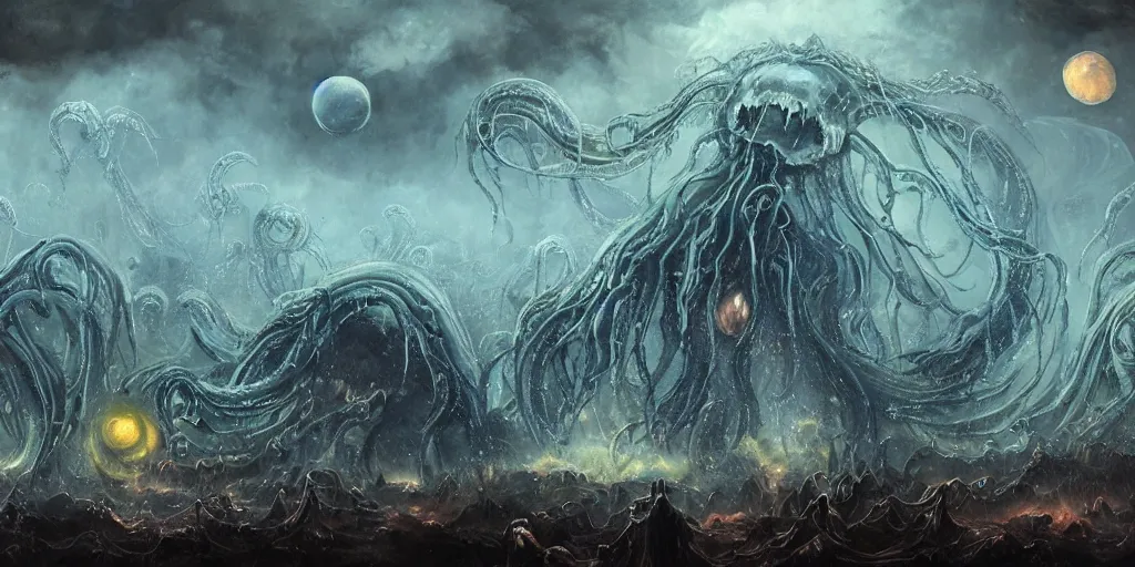 Image similar to concept art of giant translucent glowing jellyfishes, lovecraftian, lots of teeth, melting horror, round moon, rich clouds, fighting the horrors of the unknown, high resolution, very detailed, roaring, volumetric light, mist, grim, fine art, decaying, textured oil over canvas, epic fantasy art, very colorful, ornate, anato finnstark