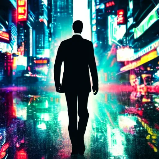 Image similar to a man in a suit walking away from an explosion, cityscape, neon, cyberpunk, bladerunner