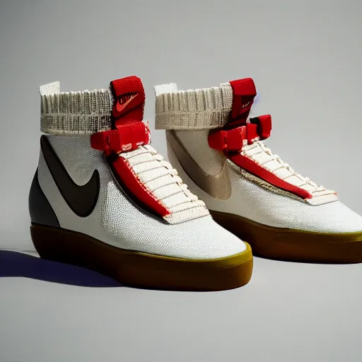 Prompt: a studio photoshoot of Nike sneakers designed by Tom Sachs, cream leather with knitted mesh material, gum rubber outsole, realistic, color film photography by Tlyer Mitchell, 35 mm, graflex