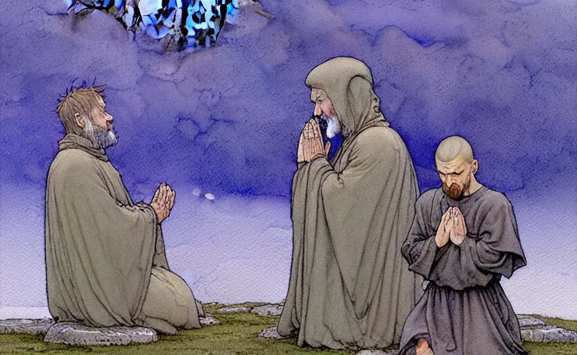 Prompt: a hyperrealist watercolour character concept art portrait of one small grey medieval monk kneeling in prayer as stonehenge floats in the air on a misty night. by rebecca guay, michael kaluta, charles vess and jean moebius giraud