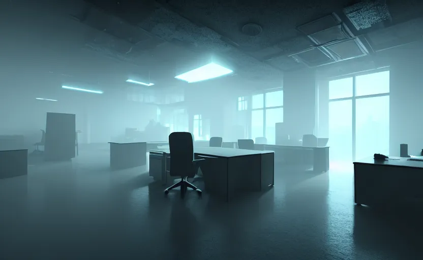 Image similar to office, horror scene, fluorescent lighting, eerie volumetric lighting, futuristic atmosphere, intricate, detailed, photorealistic imagery, artstation