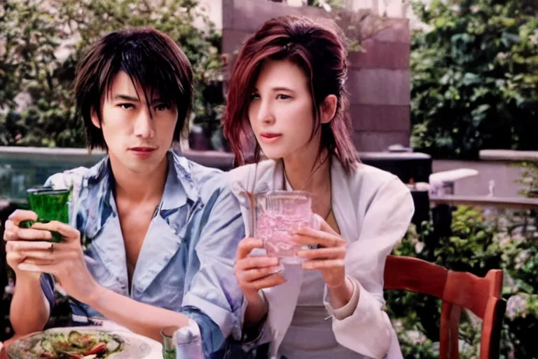 Image similar to makoto kusanagi and aerith gainsbourgh share drinks on the veranda, photographed by annie liebovitz