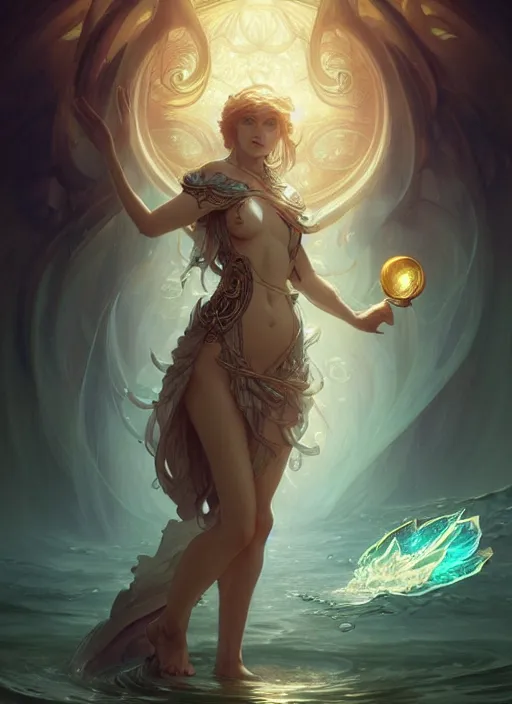 Image similar to summoner with a cute water elemental, fantasy, intricate, elegant, highly detailed, digital painting, artstation, concept art, wallpaper, smooth, sharp focus, illustration, art by artgerm and greg rutkowski and alphonse mucha