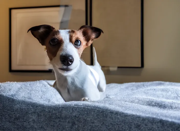 Image similar to photography of a Jack Russel . watching outside the window. on a bed. in a vintage room full of vinyls and posters.,volumetric light, photorealistic,, award winning photo, 100mm, sharp, high res