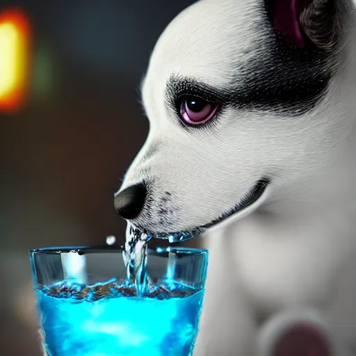 Image similar to cute puppy drinking juice, masterpiece, 8k, fantasy, cinematic lighting, highly detailed, digital painting, artstation, smooth, sharp focus, illustration, by Pixar