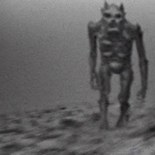 Prompt: classified footage of a mysterious monster, grainy black and white footage, screengrab