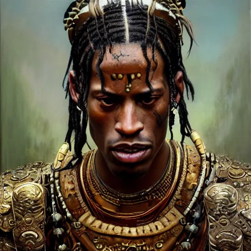 Image similar to highly detailed oil painting | very intricate | cinematic lighting | award - winning | travis scott as the mayan samurai in full armor | by roberto ferri, by tom bagshaw, by j. c. leyendecker and klimt, beautiful cinematic light, american romanticism, by austin osman spare, artstation, cgsociety, official art, octane