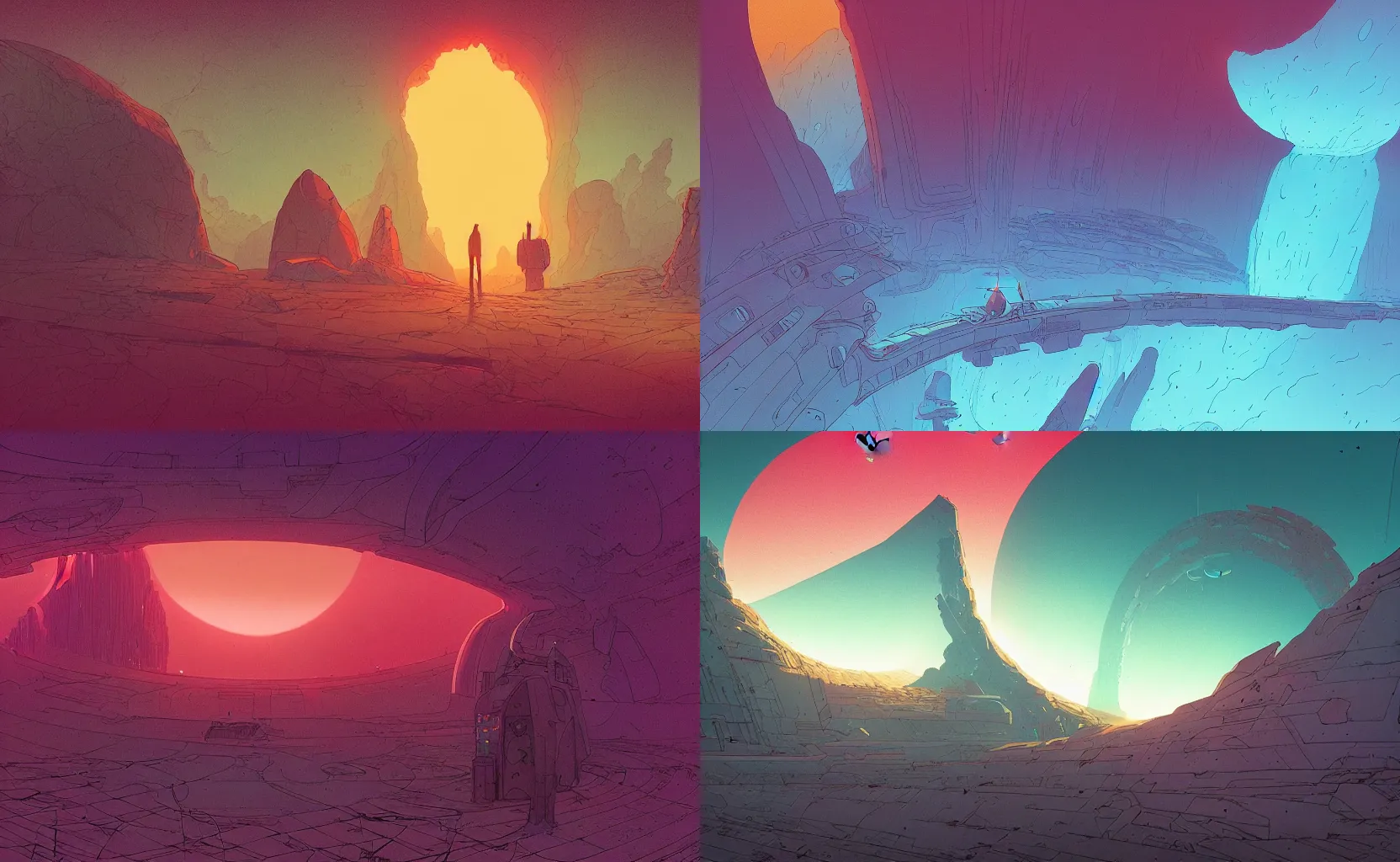 Prompt: a portal to nowhere in the style of john harris and kilian eng by moebius, atmospheric, line art, cinematic