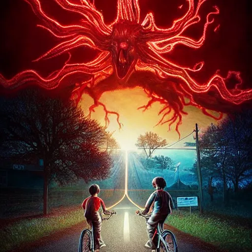 Image similar to a demonic realm in stranger things, artstation hall of fame gallery, editors choice, # 1 digital painting of all time, most beautiful image ever created, emotionally evocative, greatest art ever made, lifetime achievement magnum opus masterpiece, the most amazing breathtaking image with the deepest message ever painted, a thing of beauty beyond imagination or words