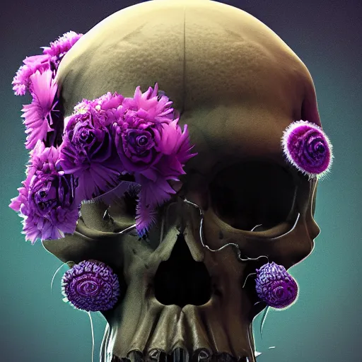 Image similar to a human Skull mutating into flowers, tentacles, unnatural shapes, jellyfish, insect, octane render, 3d digital art by beeple, unreal engine 5, award winning,