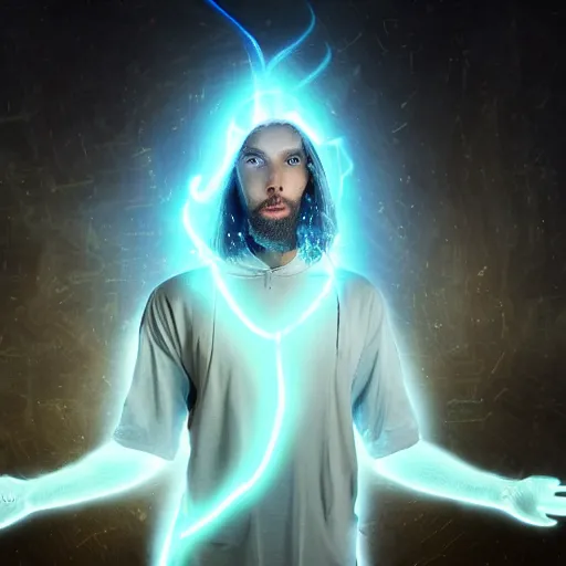 Image similar to a male wizard, glowing, frontal view, cool looking, high resolution