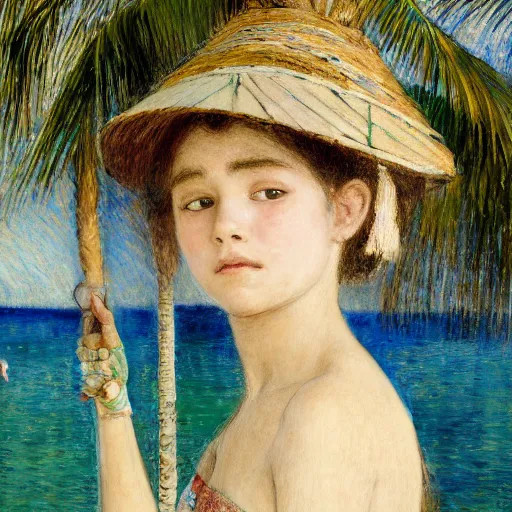 Image similar to a ultradetailed beautiful painting of a girl in the amazonas palace balustrade designed by jules bastien - lepage, hans belmer, frank weston and gustave baumann, beach, trending on artstation, mediterranean, palm trees, refracted color sparkles, sharp focus, soft light, 8 k 4 k