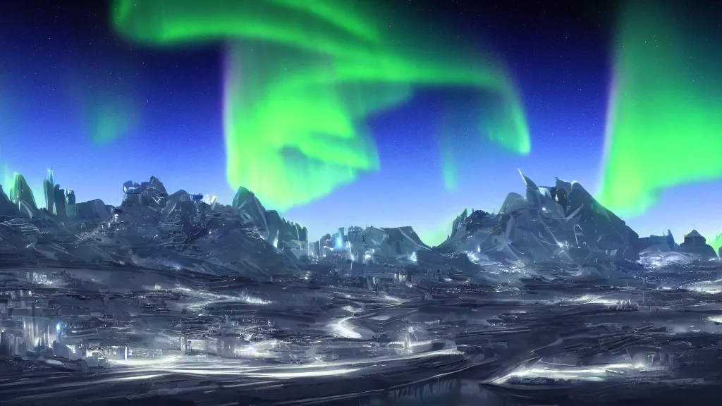 Image similar to futuristic city, aurora borealis, mountains in the distance, multiple moons, ignis fatuus