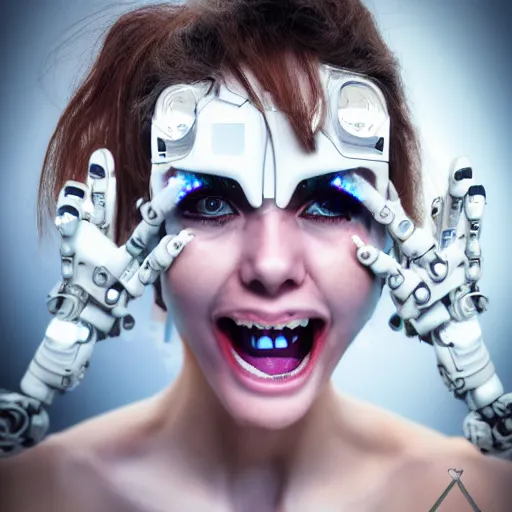 Image similar to beautiful centered Fine art photo portrait of screaming Allison Parker, squeezing her eyes shut, as a solarpunk robotic humanoid, white mechanical parts with led lights, photorealistic, white background, highly detailed and intricate, sunset lighting, HDR 8k