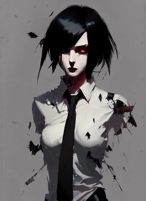 Image similar to ultradetailed beautiful panting of a stylish goth woman wearing a shirt with a tie, dramatic, she has black hair, distressed, by greg rutkowski, ashley wood, makoto shinkai, ilya kuvshinov, on artstation