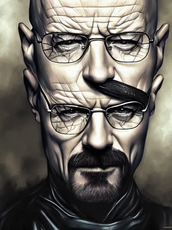 Image similar to walter white as the black widow, digital painting, extremely detailed, 4 k, intricate, brush strokes, mark arian, artgerm, bastien lecouffe - deharme