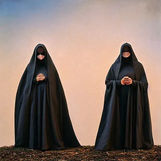 Image similar to a portrait of a twin nuns wearing a long dark cloak, hood and shadows covering face, holding golden chains, oil painting, matte painting, black background, Volumetric Golden dappled dynamic lighting, Highly Detailed, Cinematic Lighting, Unreal Engine, 8k, HD, by Beksinski